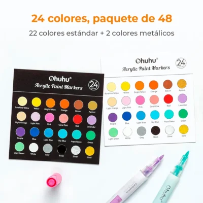 OHUHU 48 MARCADORES ACRILICOS 24 COLORES FINA Y REVERSIBLE (REDONDA Y BISELADA) - Imagen 4