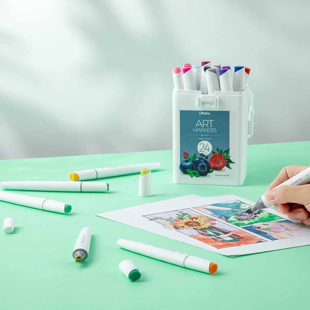 OHUHU 24 MARCADORES COLORES DE ALCOHOL + 1 BLENDER FINA&BISELADA DELGADO - Imagen 8