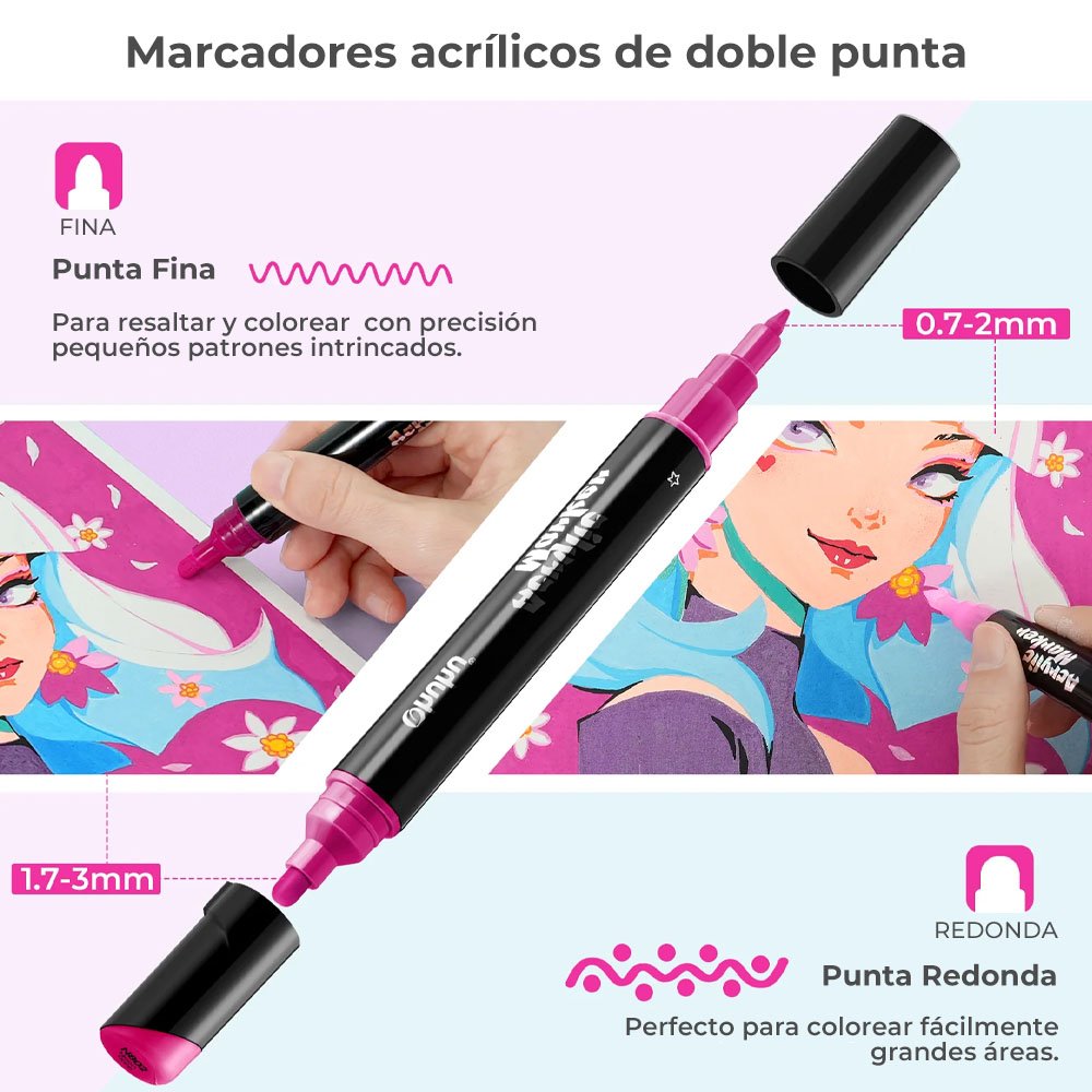 OHUHU 30 MARCADORES ACRÍLICOS PUNTA FINA Y REDONDA - Imagen 3