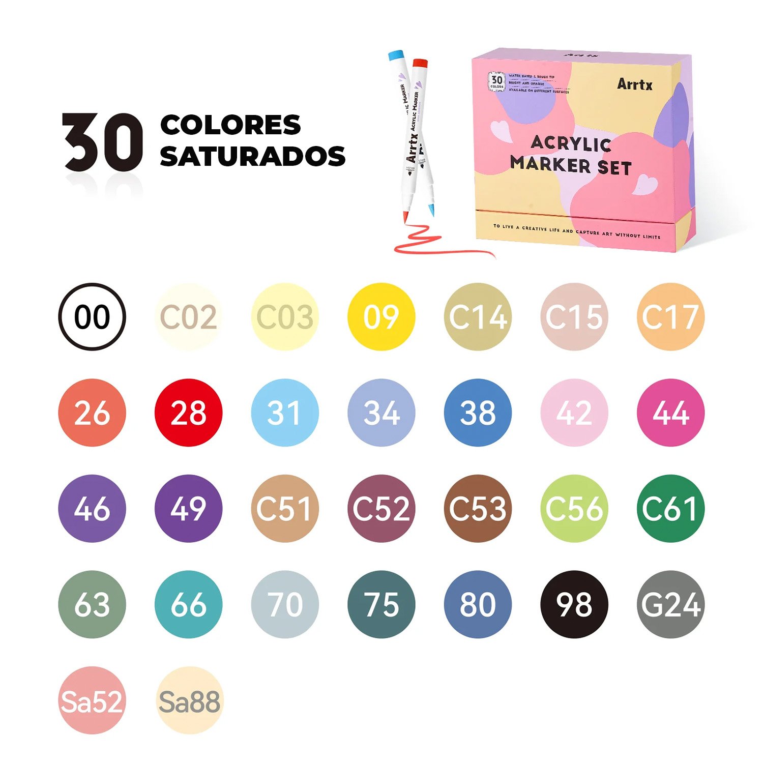 ARRTX MARCADORES ACRÍLICOS DE 30 COLORES VIBRANTES (PUNTA PINCEL) - Imagen 2
