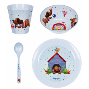 SET DE VAJILLA CON DISEÑO DE PERRITO SALCHICHA